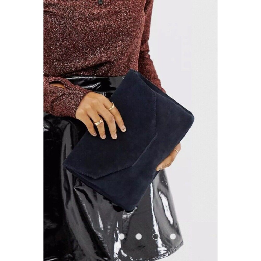 ASOS DESIGN suede tuck front clutch bag Purse Navy Blue - Picture 10 of 11